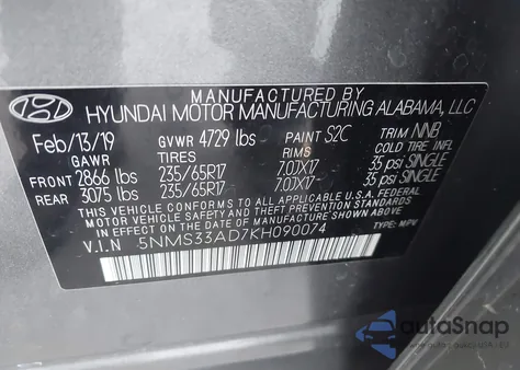 2019 Hyundai Santa Fe Sel z USA, uszkodzony, nr VIN 5NMS33AD7KH090074